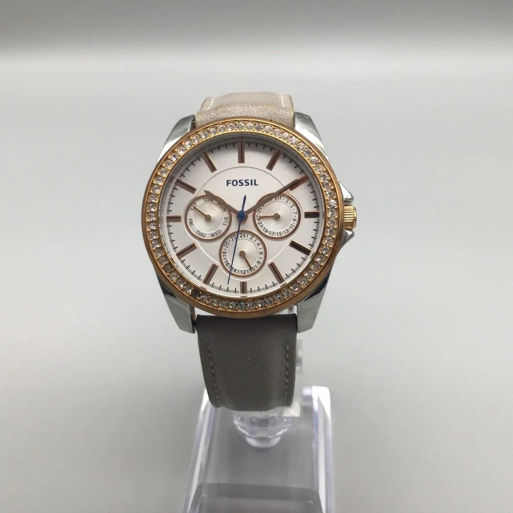 Fossil Womens Watch 38mm Gold Silver Tone Day Date Leather BQ3384 New Battery